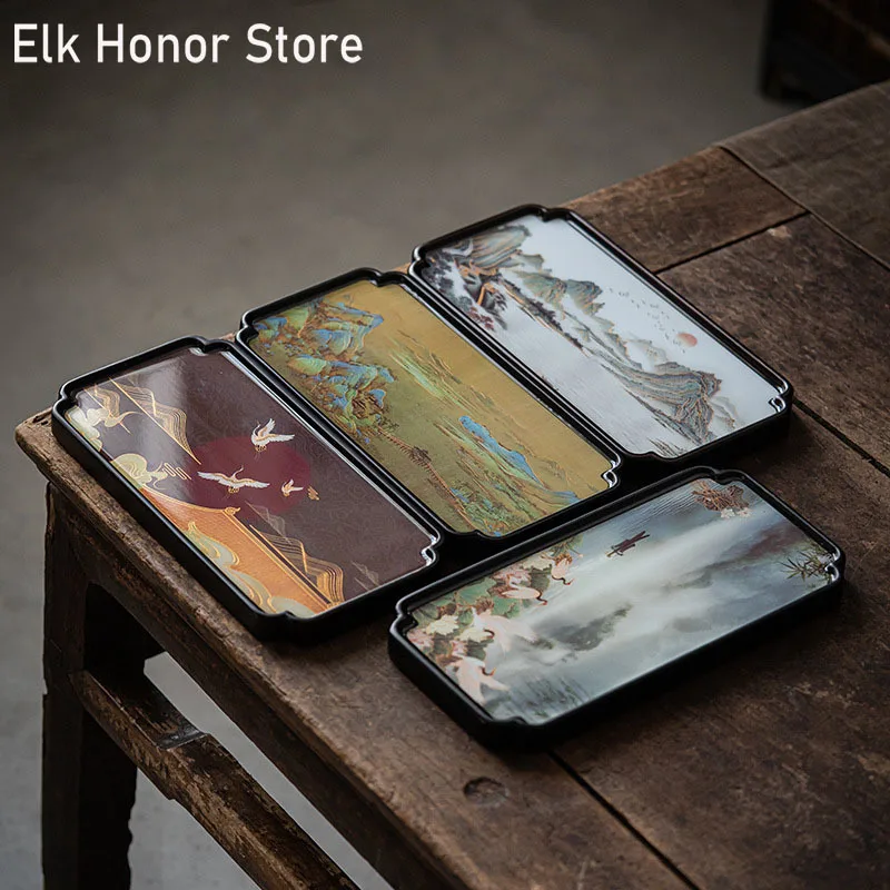 

30x15cm Landscape Painting Small Tea Tray Household Heavy Bamboo Tray Tea Table Kung Fu Tea Set Dry Brewing Plate Tea Ceremony