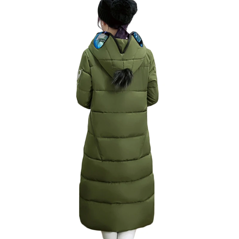 Large Size M-4XL Winter Women Eyes Hooded Hair Ball Cotton Padded Long Jacket Coat Girl Student Fashion Parka LH363 |