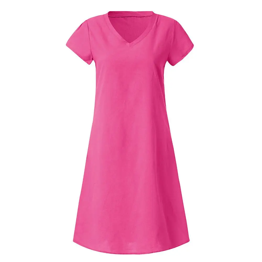 Hot Pink Casual Women V-Neck Cotton and Linen Dress 2019 New Summer Ladies T-shirt Plus Size Feminino Vestido A4 | Женская одежда