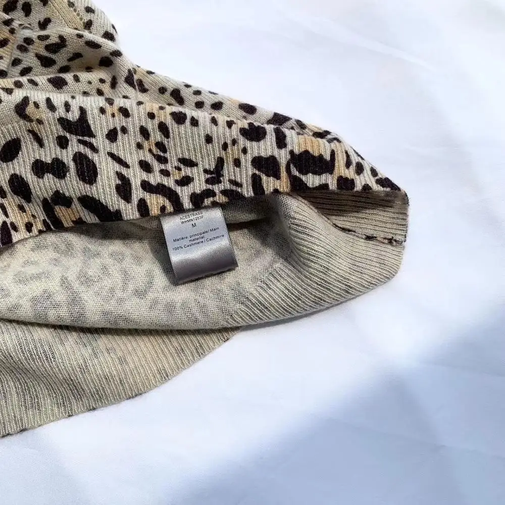 

100% Cashmere Sweater Women Leopard Print V-neck Long Sleeve Casual Knit Pull New Fashion