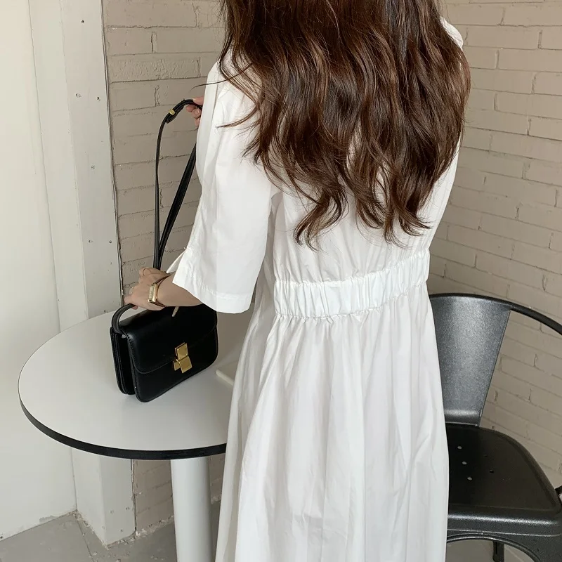 

Women Summer Long Shirt Dress 2021 New V Neck Zip Up Slim Waist Puff Sleeve Split Hem A-line Midi Sundress