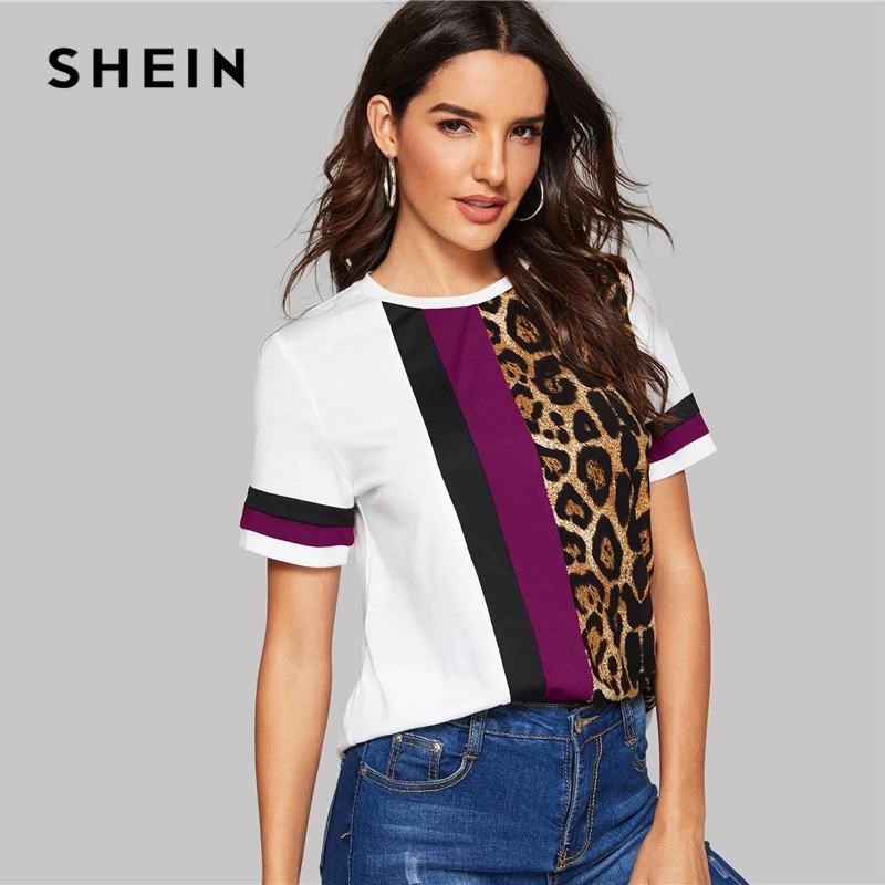 SHEIN Color Block Cut-and-Sew Leopard Panel Top Short Sleeve O-Neck Casual T Shirt Women Summer Leisure Ladies Tshirt Tops