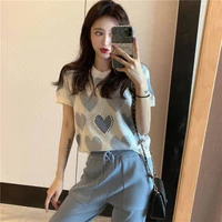 new jacquard beaded short sleeved knitted sweaters women summer love heart loose o neck pullovers cute all match leisure jumpers