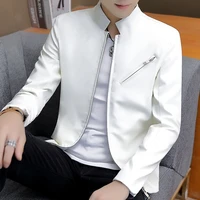new mens pu leather short jacket motor casual long sleeve coat black white stand collar cool outside j88