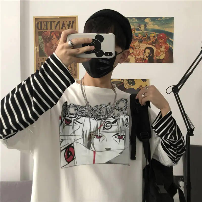 

Cool Spring Japan Amine Men's Tshirt Long Sleeve Harajuku Kakashi T Shirt Japanese Cartoon Streetwear Hip Hop Patchwork Tshirts