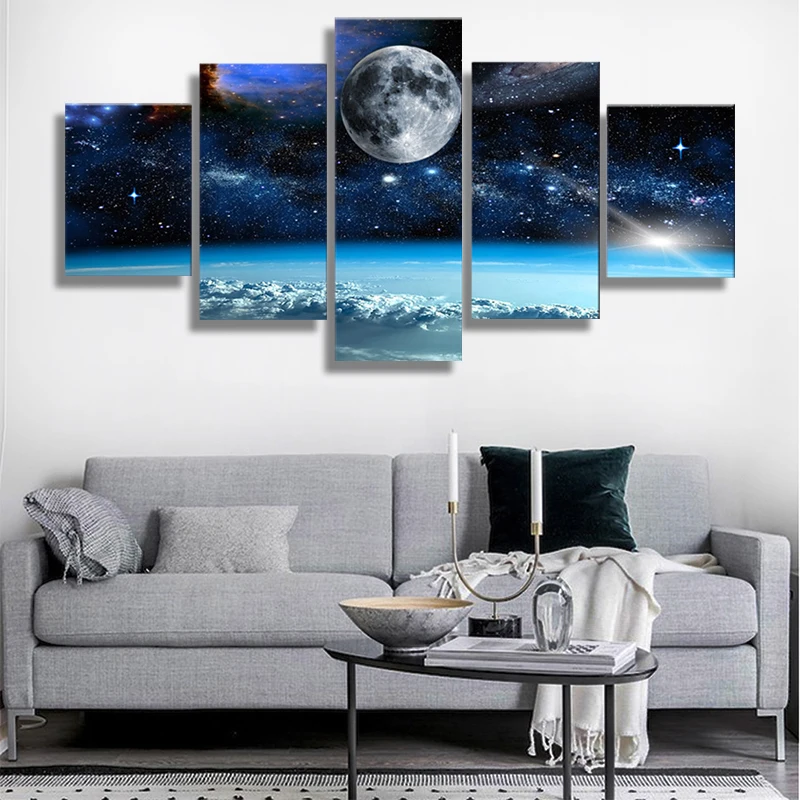 

5 Panel Planet Universe Space Pictures Canvas Painting Starry Sky Poster Print Earth Moon Picture for Living Room HomeDecor