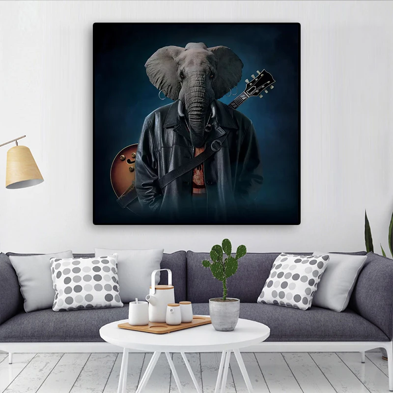 Слон с гитарой Современная Картина на холсте настенное искусство животные