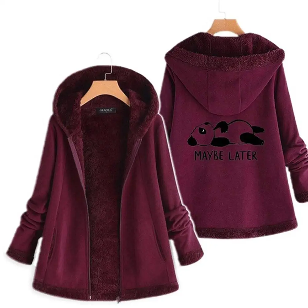 maroon print Женская Осенняя куртка, зимняя теплая однотонная плюшевая толстовка с капюшоном, модная куртка с карманами на молнии, длинная одежда с рукавами, манто для женщин размера плюс 5XL - Цвет: maroon print