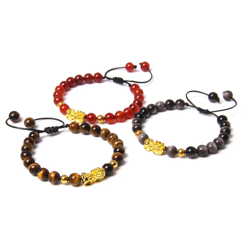 

Yellow Tiger Eye Agate Stone Beads Bangles Pixiu Hand Woven Bracelet Crystal Red Elastic Rope Men Women Bracelet Jewelry Gift