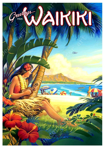 

Summer Surfing at Waikiki Hawaii Travel Canvas Painting Vintage Wall Kraft Posters Coated Wall Stickers Home Decor Picture Gift