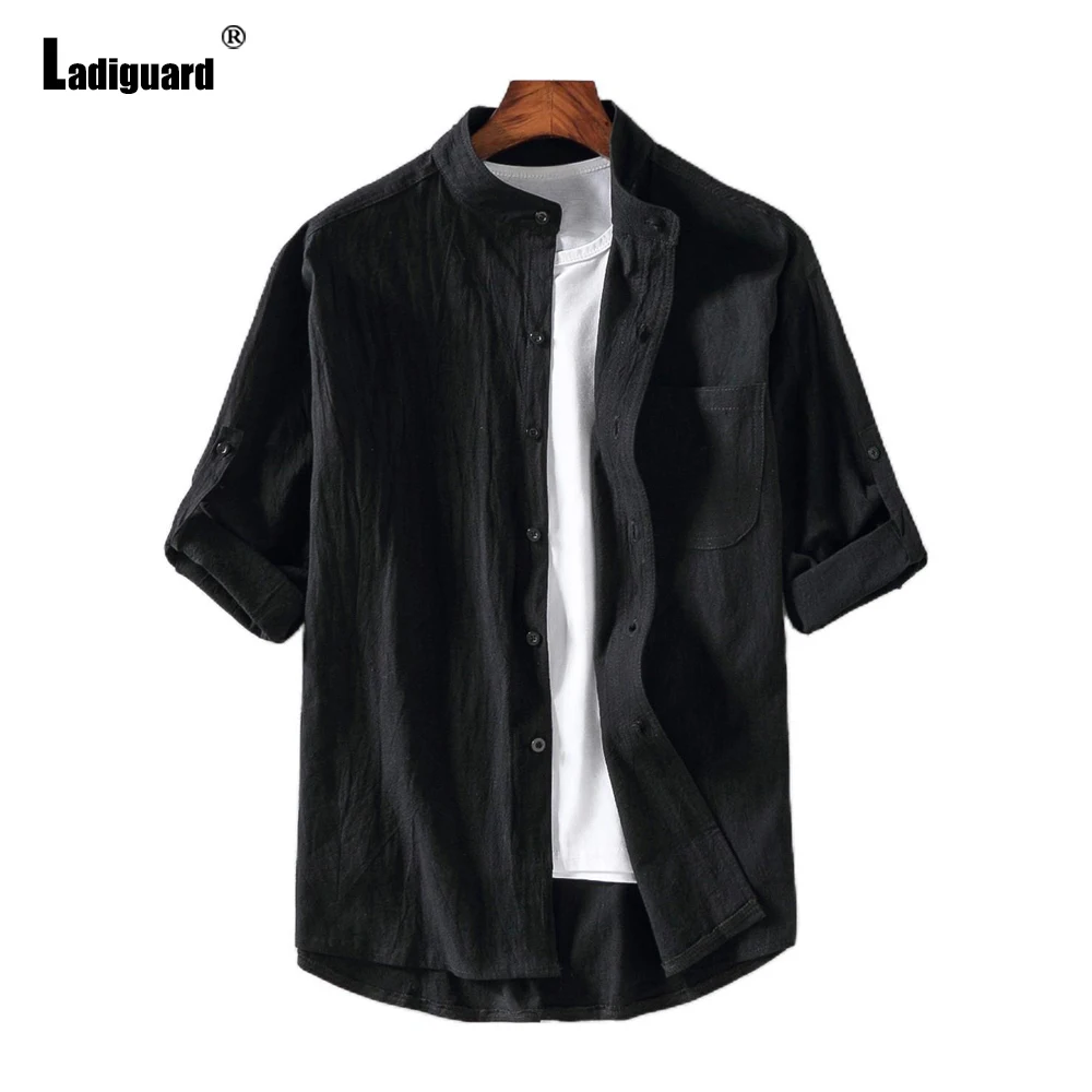 Ladiguard Plus Size Men Shirt Linen Tops Sexy Mens clothing 2021 Single-breasted Tunic Blouse Three Quarter Sleeve Casual Shirts