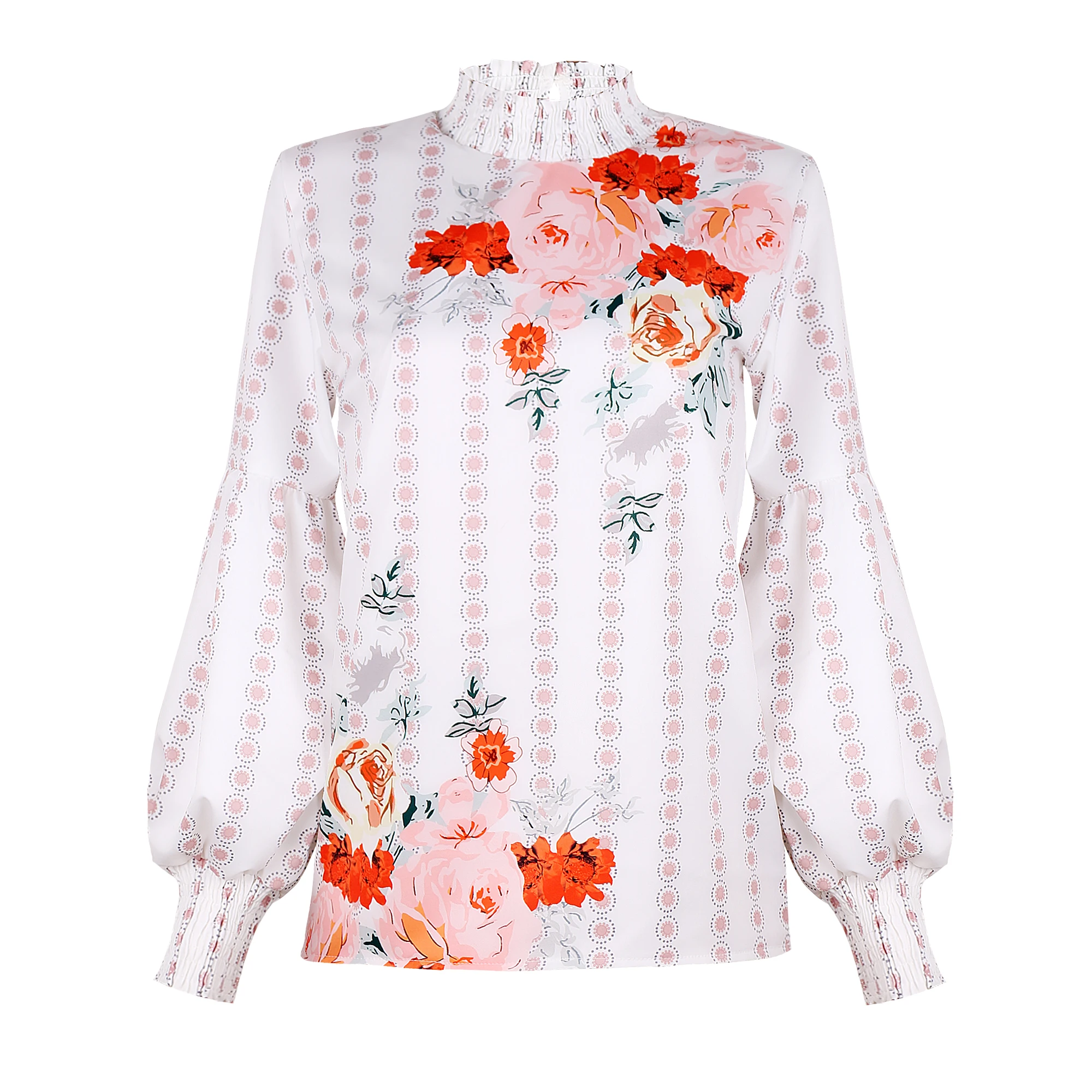 

Women's New Printed Lantern Sleeve Small High Collar Long Sleeve Shirt Top O-Neck Slim T-Shirt Female Comfortable Home Outfit