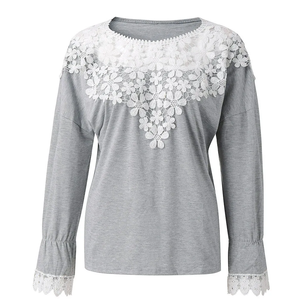 

Blouse Women's Lace Collar Casual Sleeveless Blouse Shirt Autumn Long Sleeve Solid O-neck Tops Blouse 2020 New Chemise