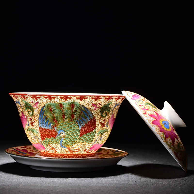 

150ml Jingdezhen Porcelain Gaiwan Exquisite Enamel Color Tea Bowl with Saucer Lid Kit Master Tea Tureen Teaware Drinkware Decor