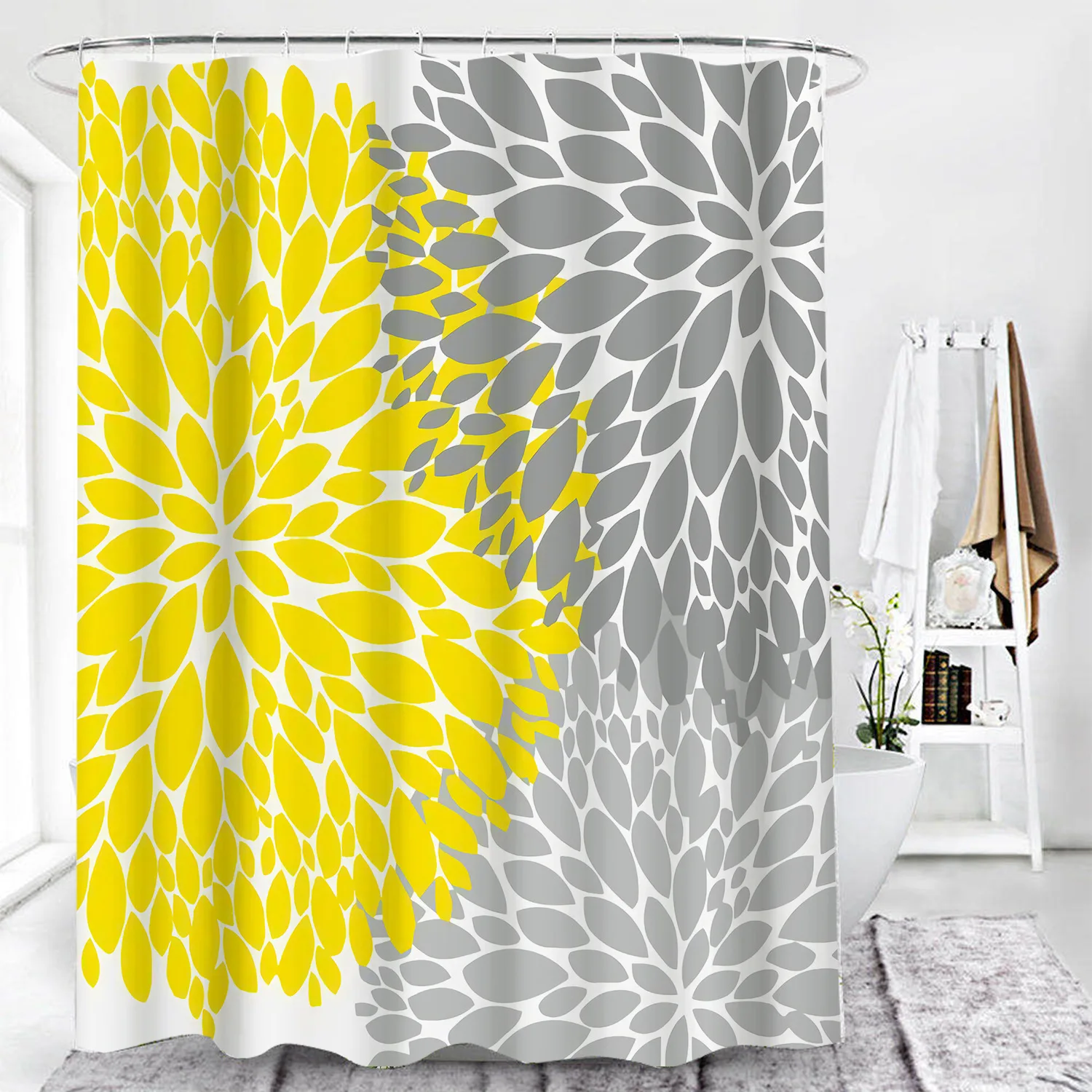 

Spring Summer 3D Digital Nordic Printed Yellow Plaid Waterproof Shower Curtain Punch-Free Bathroom Curtains Dropshipping
