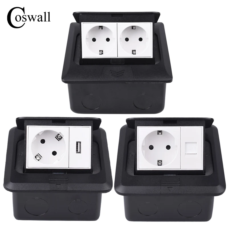 

Coswall Aluminum Black Panel Slow Pop Up Floor Socket Russia Spain EU French Polish Standard Outlet With USB Charging Port 5V 1A