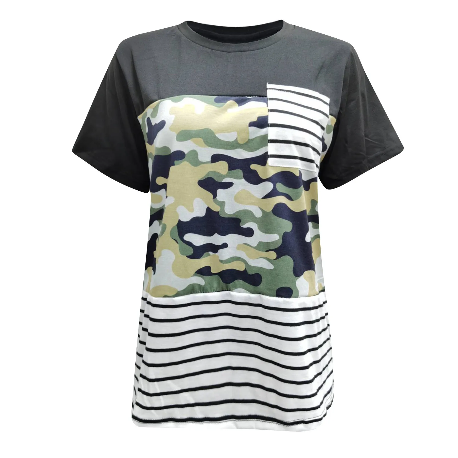 

Summer ladies fashion stripes + leopard print stitching round neck short sleeve pocket decoration casual office O-neck sexy F4