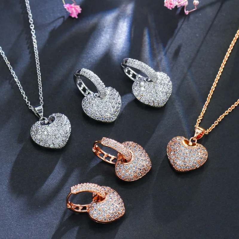 

Korean Fashion Simple Heart Shape Rose Gold Zircon Earrings Necklace 2 Piece Super Flash Anti Allergy Stud Choker Jewelry Sets
