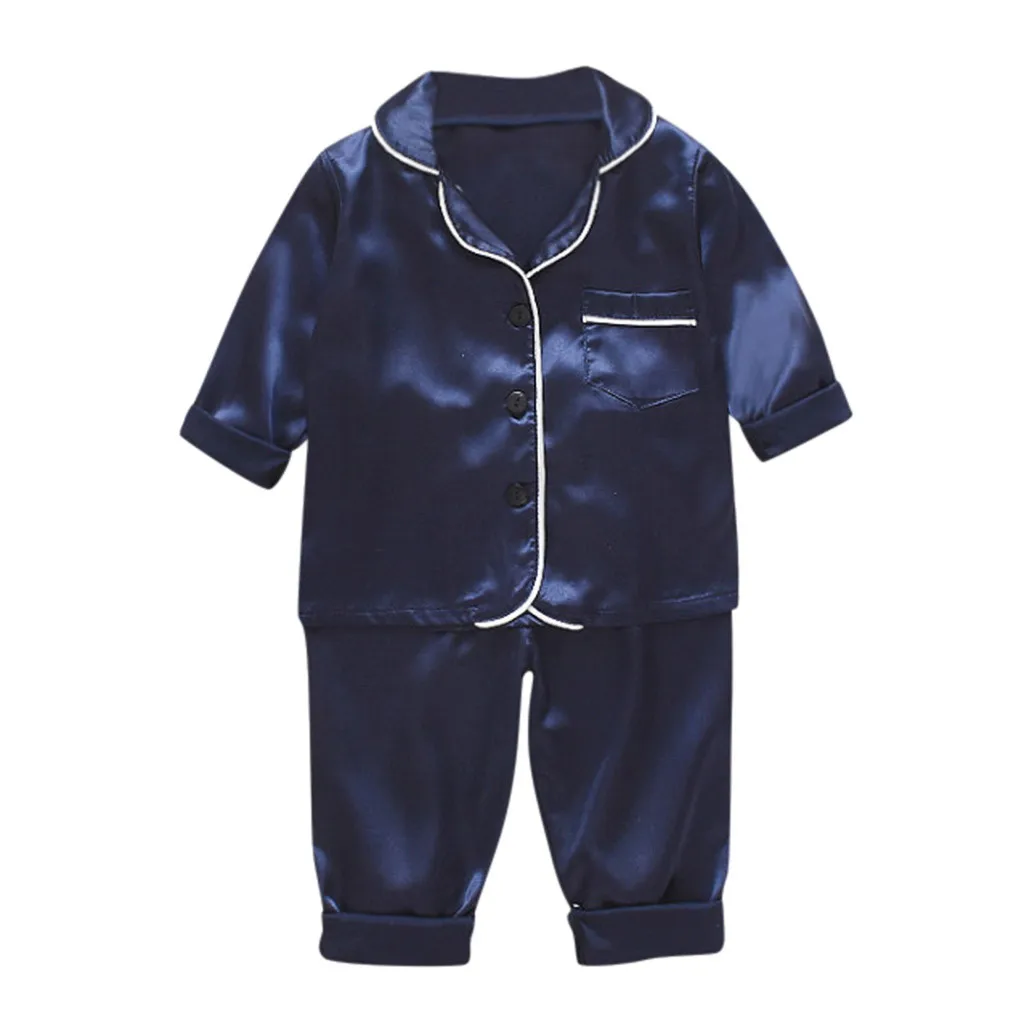 Blue Осенняя одежда для сна новые модные однотонные топы с длинными рукавами для маленьких мальчиков+ штаны, пижамы, одежда для сна roupa infantil - Color: Blue