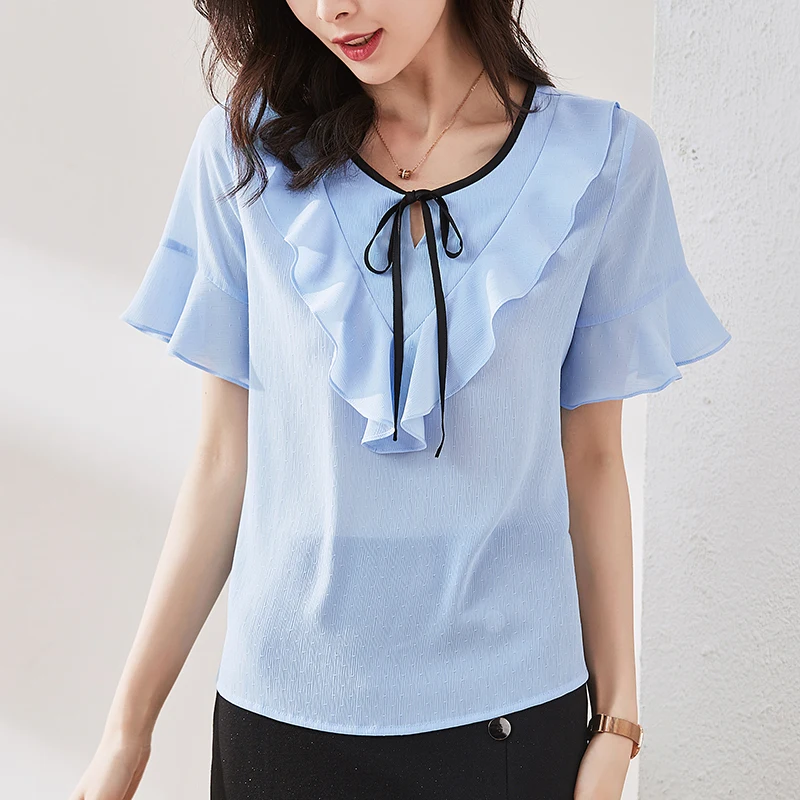 

BETHQUENOY Blue Color Ladies Tops Chemisier Femme Plus Size Blouse 2021 Summer Blusas Camisas Mujer Vintage Chiffon Women Shirts