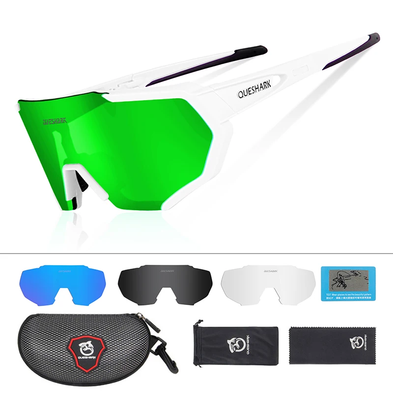 4 Lens White Green QUESHARK, дизайн, очки для велоспорта для мужчин и женщин,, полностью покрытые линзы, UV400, поляризационные, 3 или 4 линзы, всего - Цвет: 4 Lens White Green