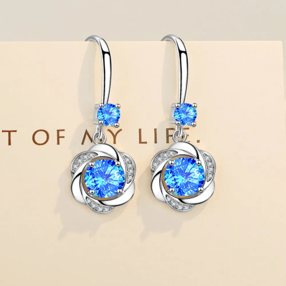 

925 Sterling Silver New Women's Fashion Jewelry Pink Blue White Crystal Zircon Mid-length Tassel Clover Flower Earrings