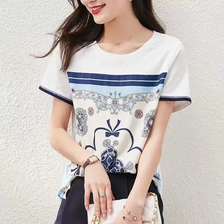 

2021 summer new cold print short-sleeved T-shirt women's cuffs hit color on clothes streetwear women top Tees