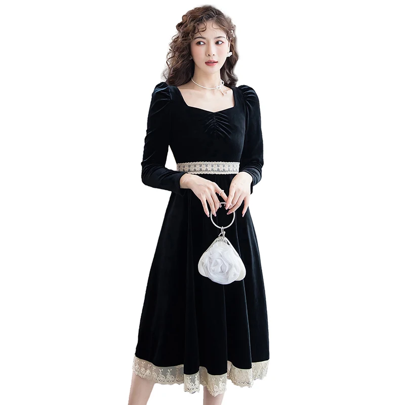 

COIGARSAM Autumn Vintage Women dress French Style Long Sleeve Solid Dresses Black 8185