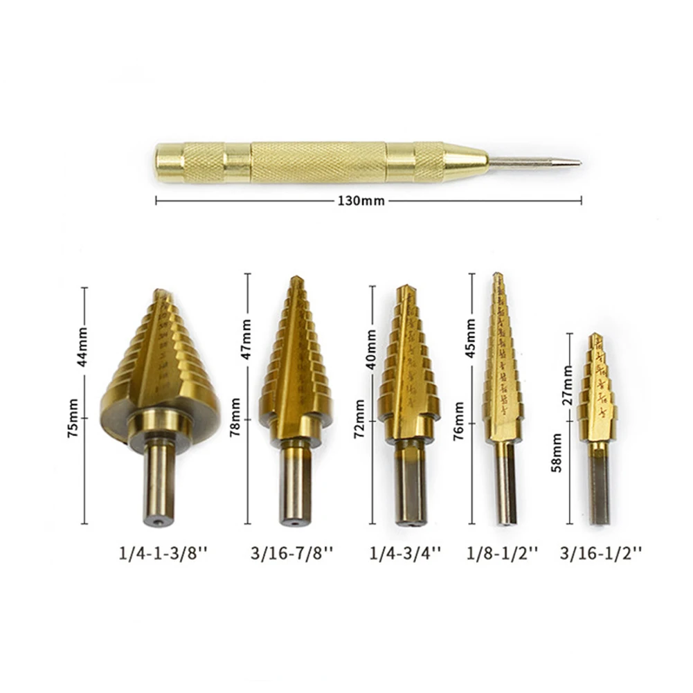 

6pcs Titanium Step Drill Bit Imperial High Speed Steel Drill Bits Set for Metal Hole Drilling with Center Punch