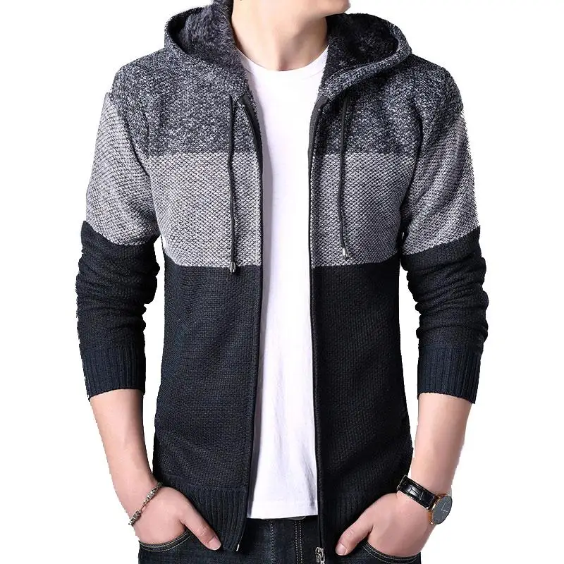 

Thick Cardigan Mens Sweater Zipper Striped Hooded Colorblocking Fashion Warm Slim Knitted Sweater Male Fleece Hoodies Coats