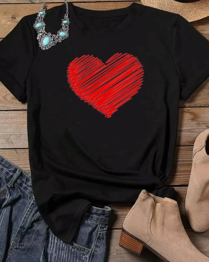 

Striped Heart Print Women T Shirt Short Sleeve O Neck Loose Women Tshirt Ladies Fashion Tee Shirt Tops Clothes Camisetas Mujer