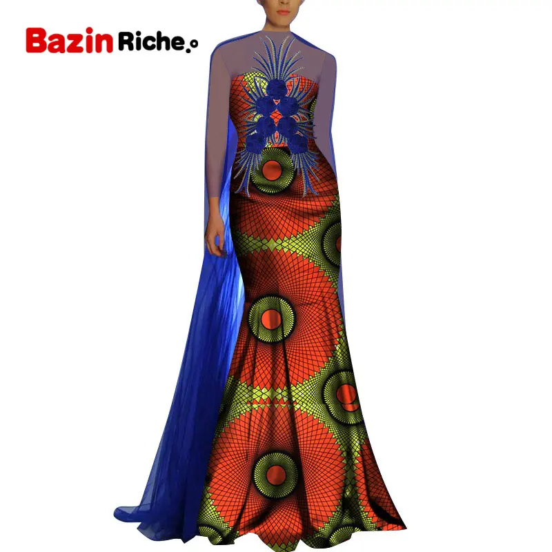 African Dresses for Women Party Wedding Fashion Blue Chiffon Patchwork With Appliques WY8711