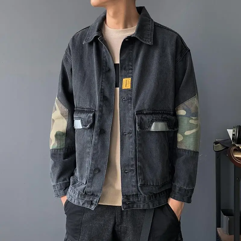 

Spring Denim Coat Men's Loose Fashion Brand Camouflage Work Vintage Jacket Big Size Fat Trend Versatile Autumn Top Streetwear