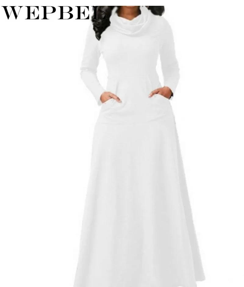 

WEPBEL Women Bow Long Sleeve Pockets Solid Long Dresses Evening Party Night Dress