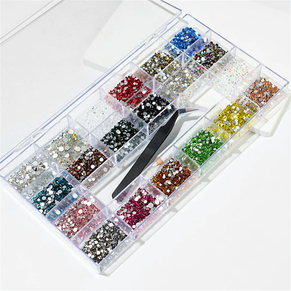

Mixed Nail Art Rhinestones Kit Acrylic Boxed 21 Grids Mixed Size Set 1Pcs Pick Up Pen Large Crystal Decorations 3D AB Flat Gem