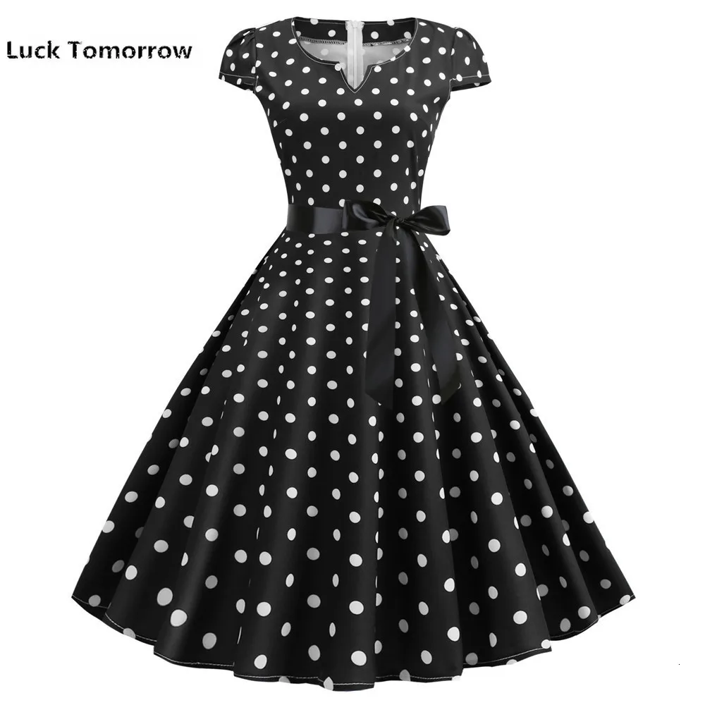 Plus Size S-2xl Women Black White Polka Dot Vintage Dress Rockabilly Swing Pin Up Ladies Summer Dresses Elegant Vestidos | Женская