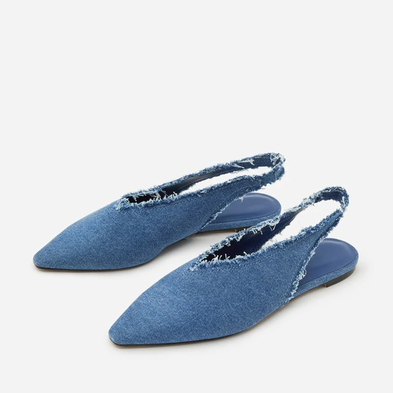 

Женская обувь 2021 осень заостренные босоножки с ремешком на пятке Модная Джинсовая универсальная обувь на плоской подошве с бахромой синие ...