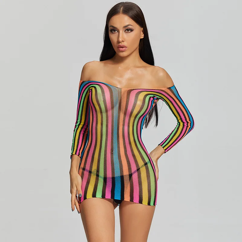 

Women's Sexy Colorful Print Party Night Club Christmas Dress Long Sleeve Bodycon Hollout Out Perspective Dresses Vestidos 2020