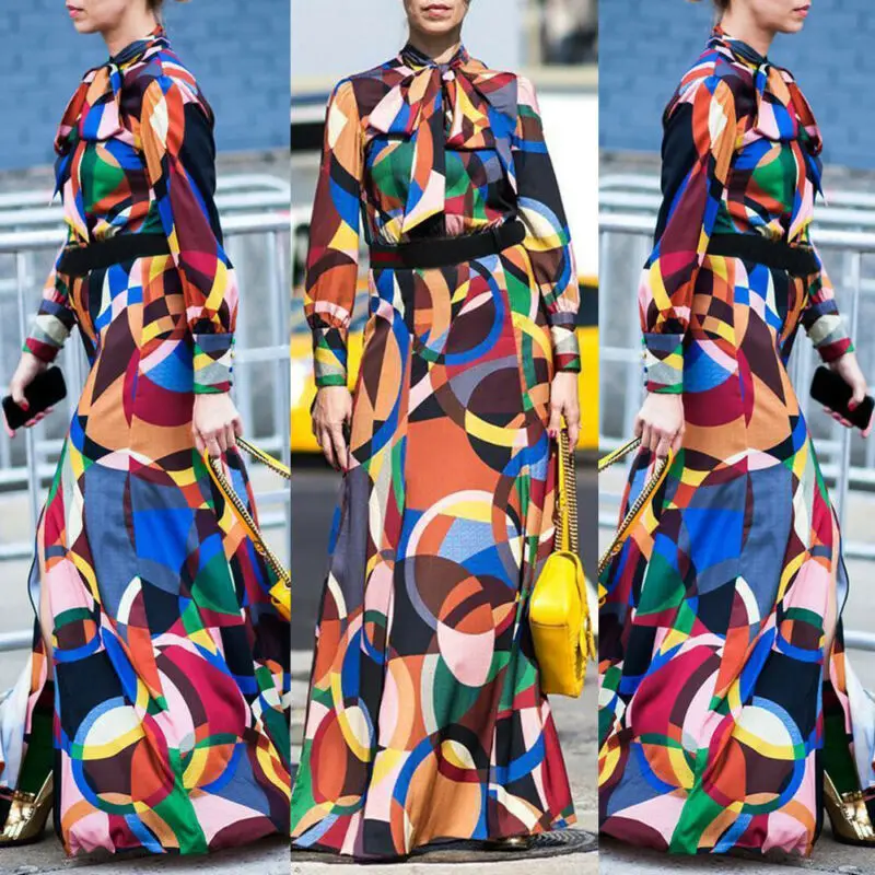 Spring Autumn Winter Women Vintage Dress Elegant Casual Fashion Long Print Bow Collar Split Maxi Plus Size | Женская одежда