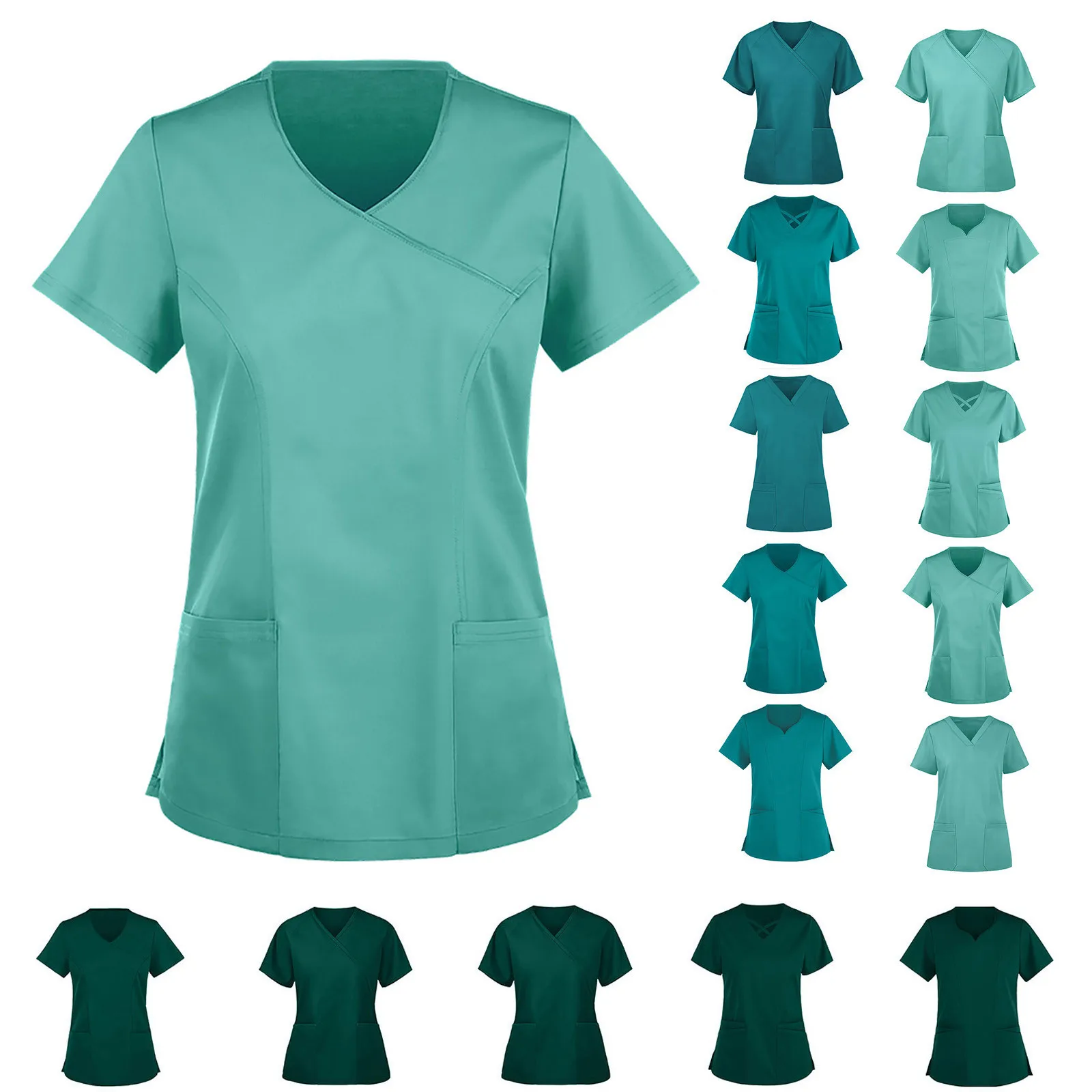 

New Nursing Uniform Women Tops Ladies Short Sleeve V-neck Tops Work Uniform Solid Patchwork Color Pocket Blouse Women Clothes