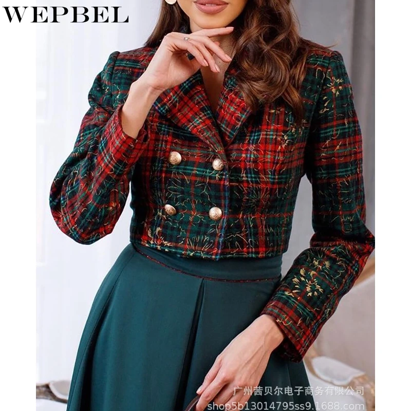 

WEPBEL Tailored Coat Women's Casual Plaid Slim Fit Coat Autumn Long Sleeve Turn-down Collar Double Breasted Straight Jacket