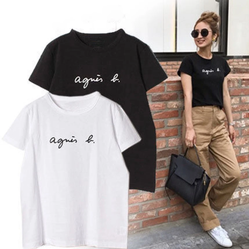 Женская футболка черного и белого цвета Однотонная с буквенным алфавитом