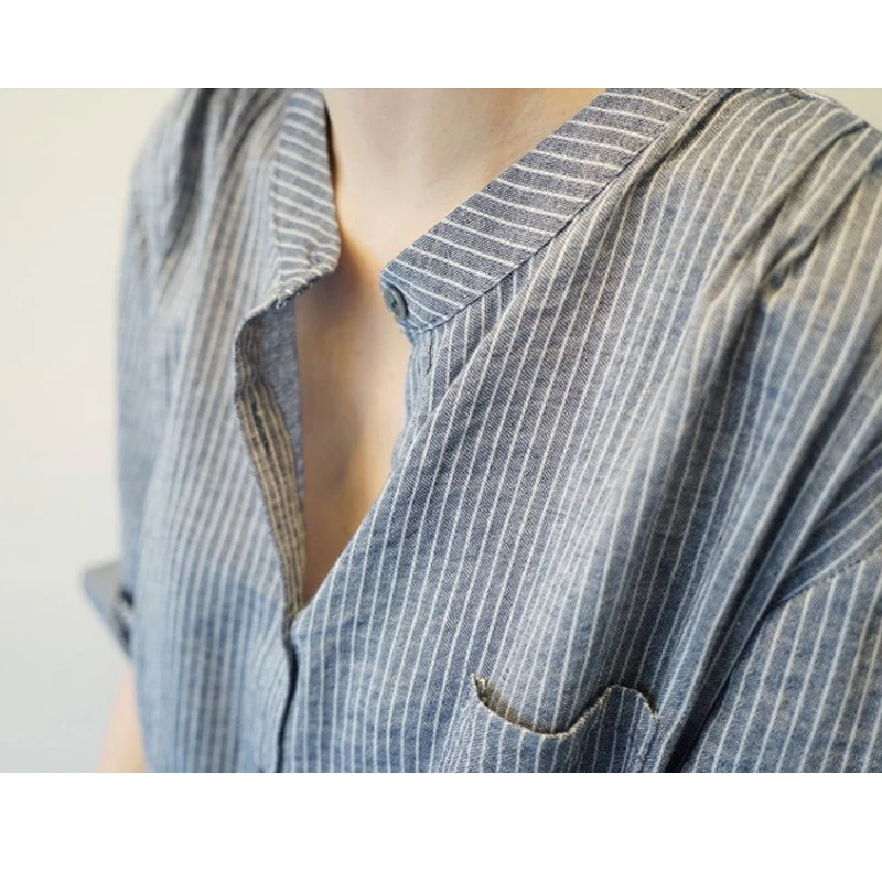 Хлопковая и льняная женская блузка в полоску с v-образным вырезом свободные