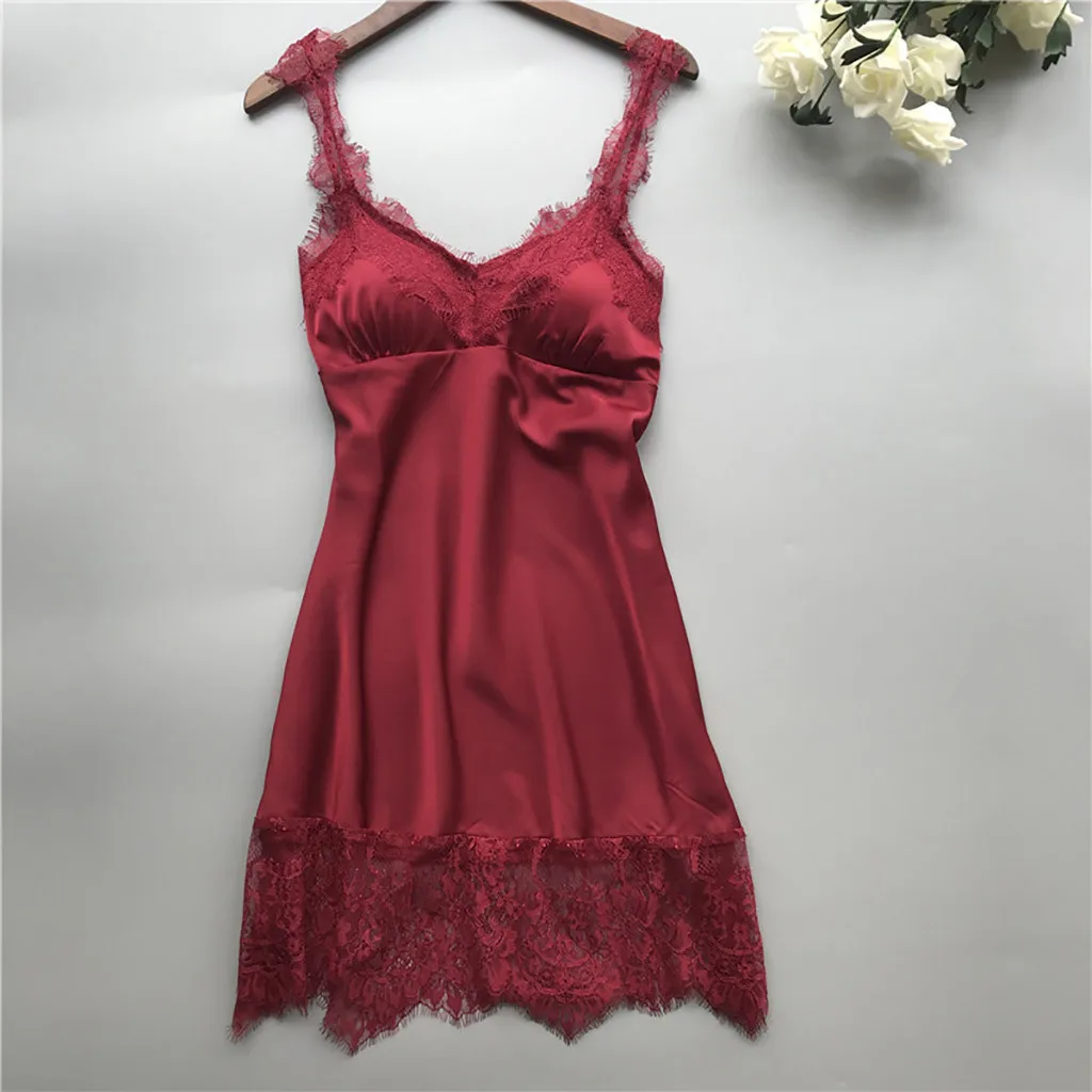 

Women Sexy Deep V Neck Lace Lingerie Sleepwear Silk Satin Night Dress Babydoll Camisola Solid Sexy Nightgown Plus Size Nightwear