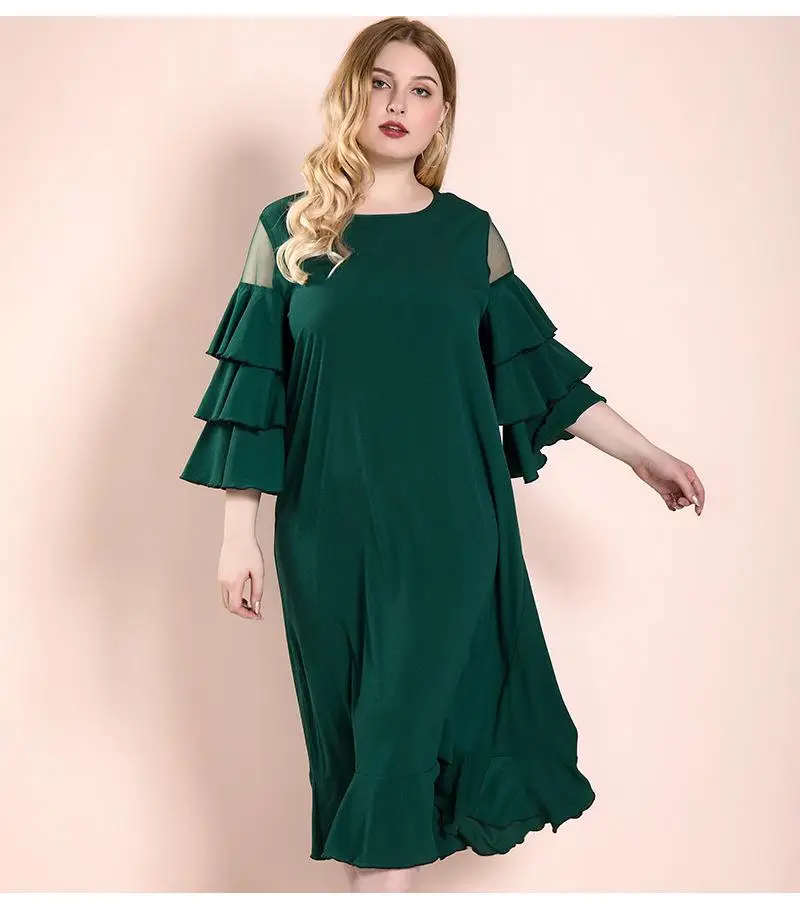 

2019 Autumn Ladies Loose Large Size Dress Elegant Green Long Dress Lotus Leaf Dress Dress XL-4XL Plus Size Women Casual Dresses