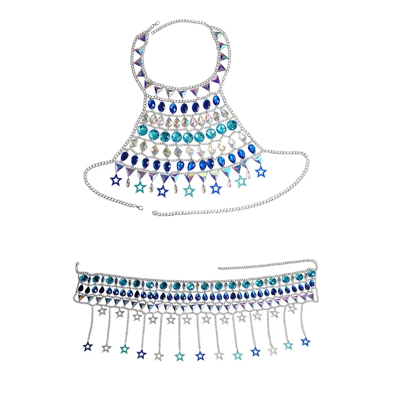 

Boho Sexy Luxurious Blue Rhinestone Star Pendant Tassel Chain Skirt Set Women Body Harness Cage Bra Beach Festival Party Rave