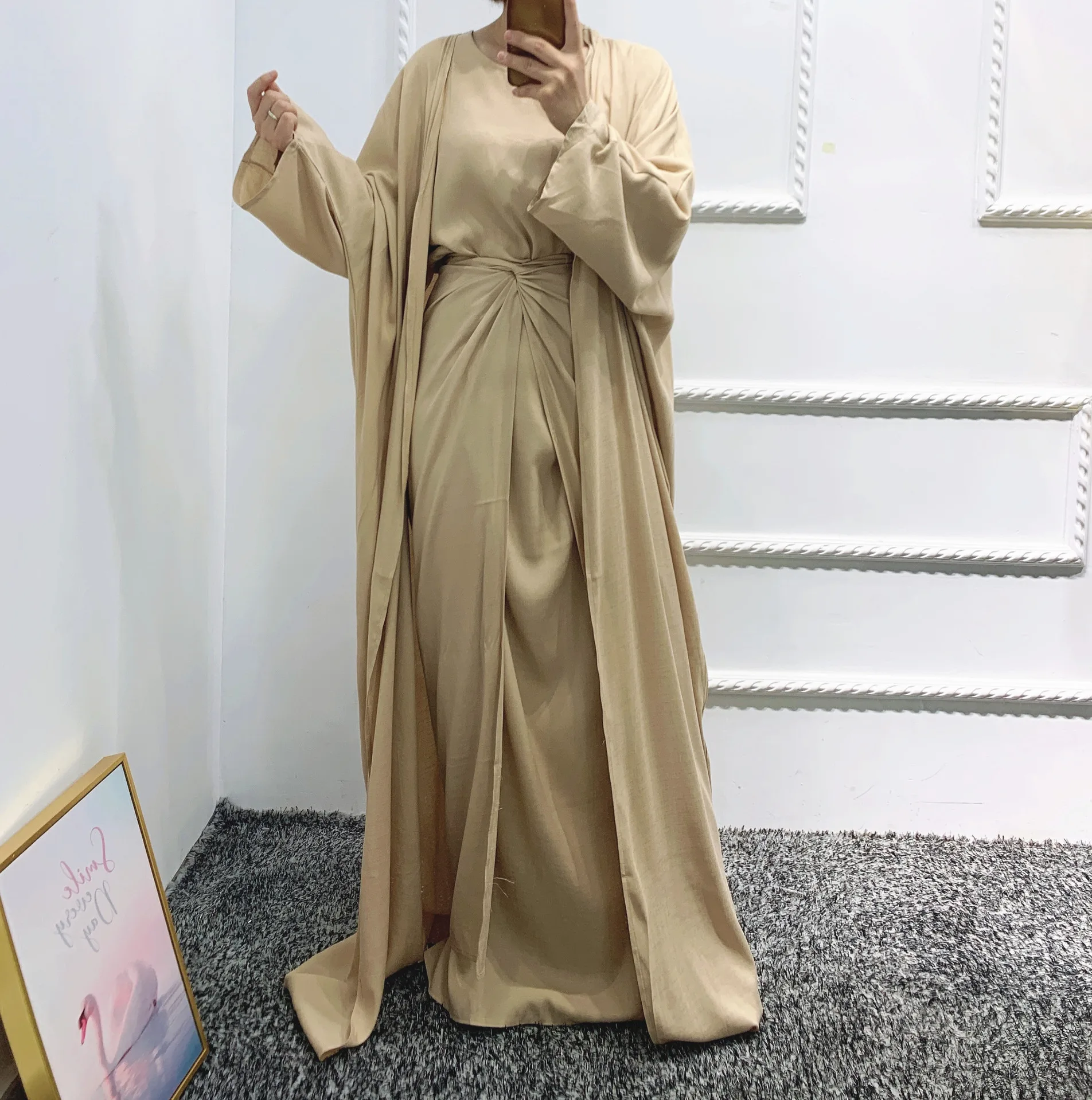 Muslim Fashion Abaya Islamic Clothing For Women New Arrival Pure Color Smoothly Three-Piece Suit Dresses Robes Femme Lsm337