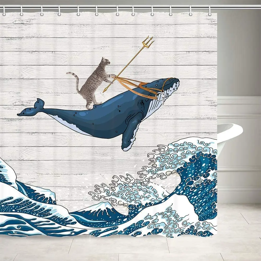 

Funny Cat Shower Curtain Riding Whale in Ocean Oriental Fabric Vintage Kanagawa Japanese Wave Art Shower Curtain for Bathroom