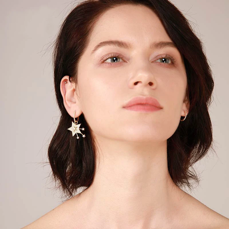

Fashion Real 925 Sterling Silver Asymmetric Meteor Star Earrings Micro Cubic Zirconia for Women Fine Party Jewelry Gift