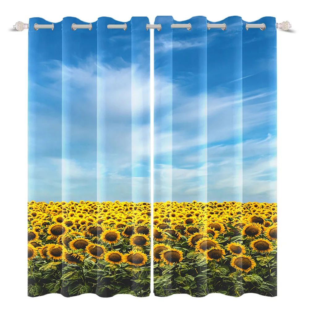 

Sea Of Sunflowers Blue Sky Natural Scenery 3D Printing Window Curtains Perforated Blackout Cortinas For Living Room